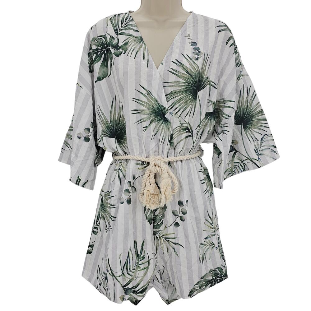 Cupshe Womans size S Striped Leaf Print Tassel Romper White/Green Resortwear NEW